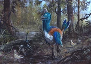 Concept art of male Anzu and chicks, being threatened by an Acheroraptor