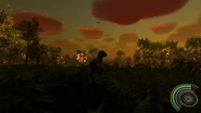 A Quetzalcoatlus flying in the distance behind a Dakotaraptor