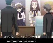 Mr. Katsura (as witnessed by Hikari and Yuuki) calls the woman with the red headband Ms. Toono.