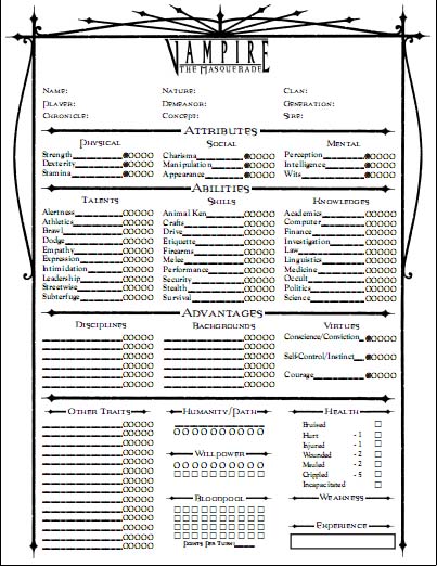 Vampire the Masquerade character sheets