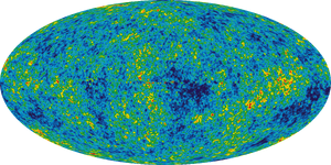 Восстановленная карта (панорама)  реликтового излучения с исключённым изображением , изображением  и изображением дипольной анизотропии. Красные цвета означают более  области, а синие цвета — более  области
