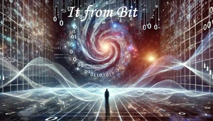 "It from bit"  


(Το οπτικό θέμα της εικόνας, με τον Γαλαξία, τα κύματα ενέργειας και τα δυαδικά ψηφία (0, 1) οπτικοποιεί την ιδέα ότι το Σύμπαν οικοδομείται από θεμελιώδη ψήγματα ψηφιακής πληροφορίας