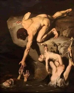

"Scene of Deluge" (1826) by Joseph-Désiré Court.
A person trying to save his father and completely ignoring his wife and kid (son) who are closer to him.
The wife represents the present life, the son the future and the grandfather, on the other hand, represents the , which the man clings. Thus losing his  life and 