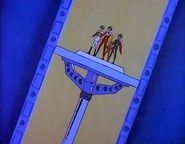 The team riding an elevator to board their rebuilt mechas. This was actually recycled from the opening sequence (note the wing-like capes and slightly different uniforms).