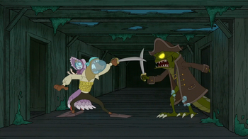 Scoob swordfights sea creature
