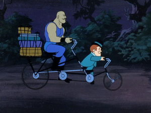 Max and Samson use a tandem bike to escape from Mr. Barnstorm's "cursed" circus.