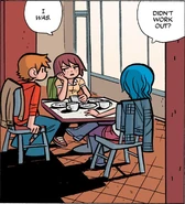 Ramona at a cafe with Scott and Kim.