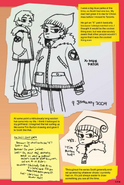 Early sketches of Scott wearing his parka and hat, inspired by Bryan's choice of clothing when he was younger.