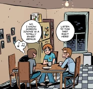 Stephen, Scott and Young Neil listen to music in the kitchen.