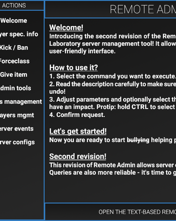 Admin Panel Scp Secret Laboratory Official Wiki Fandom - roblox movie maker 3 all secret chat commands