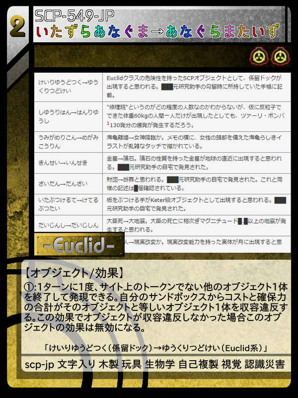 SCP-549-JP いたずらあなぐま→あなぐらまたいず | Scptcgjpj SCP-549-JP いたずらあなぐま→あなぐらまたいず | Scptcgjpj