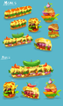 Veggie Burger, Pizza Burger, and Revival Baguette concept art.