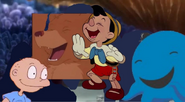 Little Bear, Pinocchio and Oswald laughing at Tommy's joke