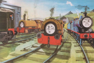 An illustration of Edward with Bill and Ben from the Railway Series books