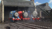 James and Gordon are both arguing after Sir Topham Hatt chose Thomas to pick up the brass band in Thomas and the Tuba