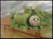 Percy in the water with Annie and Clarabel in Percy's Promise