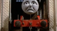 James is crying because Sir Topham Hatt will take his red paint away and have him painted blue in Troublesome Trucks