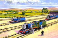 Henry being repainted blue in the Railway Series story, "Edward, Gordon and Henry"