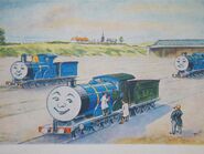 Henry being repainted blue in the William Middleton illustration Railway Series story, "Edward, Gordon and Henry"