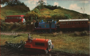 Bertie racing along the road as Thomas passes by him and Terence the Tractor