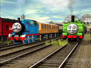 Thomas pulling his special coach in the Trainz remake of the cancelled Series 2 episode: "The Missing Coach"