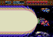 Axel Gear fires his giant laser at Sparkster, who dodges it in the sixth stage of Rocket Knight Adventures.