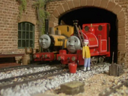 A jealous Duncan watches Skarloey get polished in Passengers and Polish
