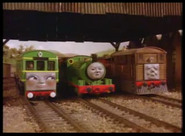 Daisy at the Carriage shed with a tired Percy and Toby