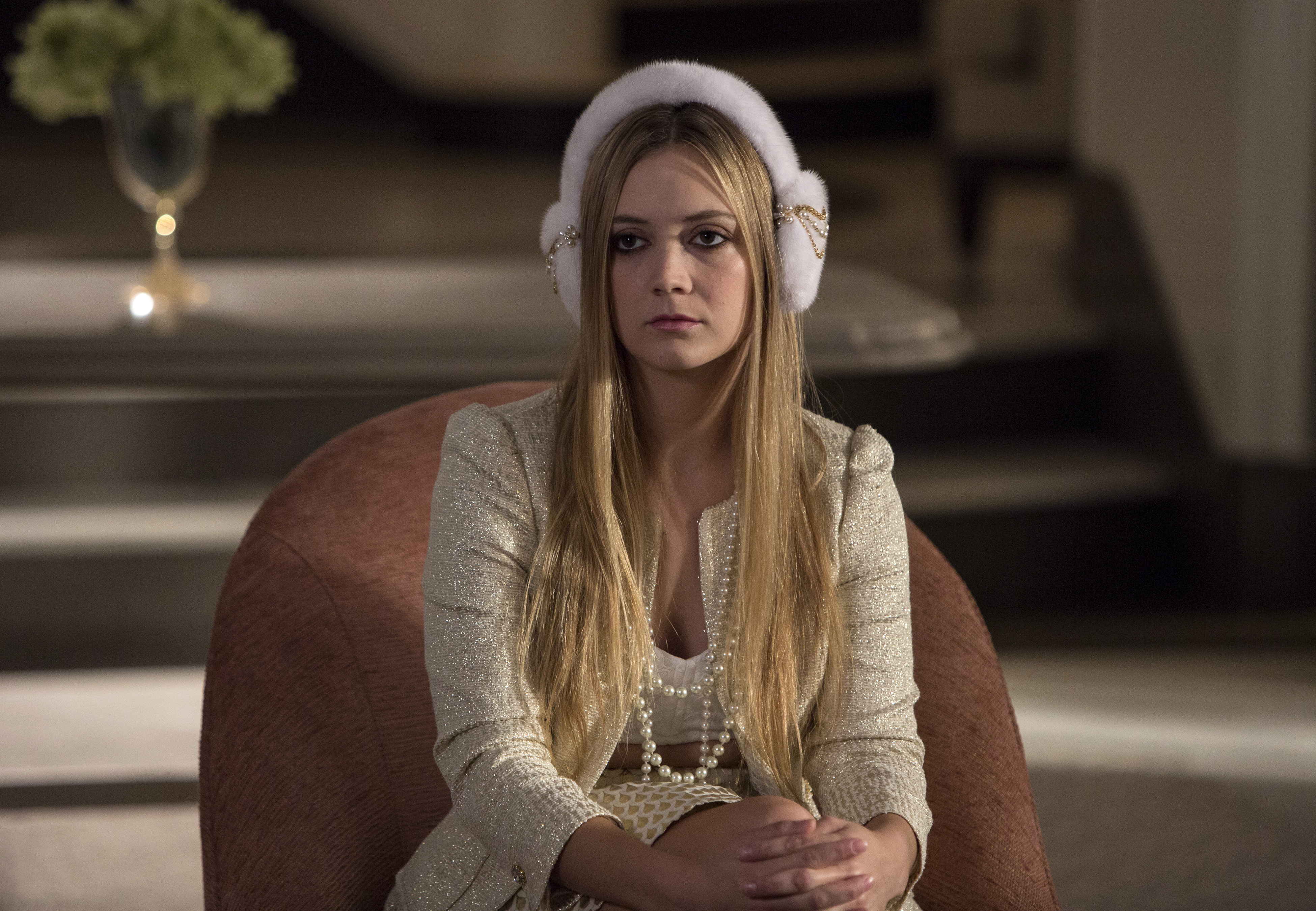 WornOnTV Chanel 3s purple ruffled crop top and pink fur coat on Scream  Queens  Billie Lourd  Clothes and Wardrobe from TV