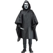 A real-life MTV Scream killer Halloween costume featuring the post-op mask and raincoat.