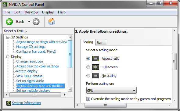 nvidia control panel scaling