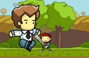 Maxwell fighting a super man in Scribblenauts Remix.