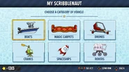 The vehicle menu in My Scribblenaut using the blue and white boat instead of the default.