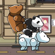 A panda riding a polar bear, and being ridden by a bear.