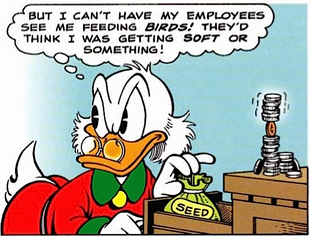 Scrooge getting a bag of seeds to feed hungry birds (in His Majesty, McDuck).