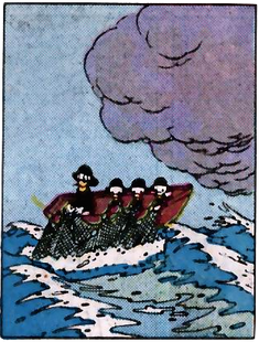 The first comic panel of Donald Duck by Carl Barks, in Donald Duck Finds Pirate Gold.