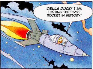 Della Duck piloting the rocketship.