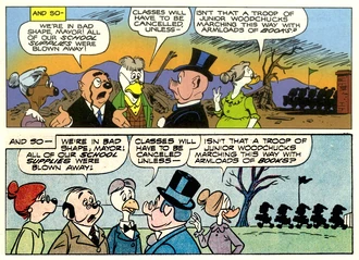 The Two Miss-Chalkdust.png (1.5 MB) Comparison of the last panels of the last page of the two versions of the story. Later dialogue in Daan Jippes's version identifies the woman on the left as Chalkdust, whereas in Wright's (below) it does so to the elderly duck lady who here has a line.