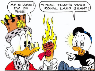 Scrooge feigning surprise as his royal land grant burns (in His Majesty, McDuck).