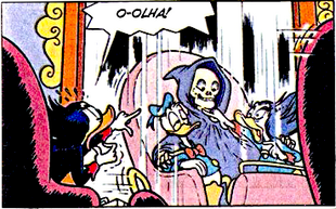 The Phantom briefly materializes inside Donald Duck and Magica De Spell's Doombuggy as they tour the Haunted Mansion (in The Euro Disneyland Adventure).