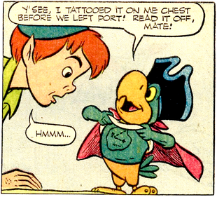 Yellow Beak reveals his tattoo trick to Peter Pan.
