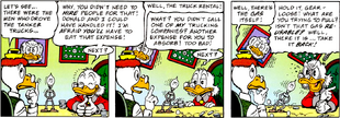 A portrait of the Bearded Duck (in the Money Bin) begins to tilt (alongside the entire Money Bin) while unaware Scrooge and Gyro discuss terms.