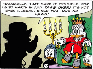 Scrooge realizing his mistake as Aker McCovet gloats about his take-over of McDuckland (in His Majesty, McDuck).
