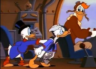 Scrooge with Donald Duck and Launchpad McQuack in Treasure of the Golden Suns.