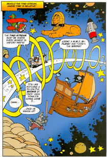 Donald Duck and Huey, Dewey and Louie have visions of Histoy as they fly through the Vortex (once again in ringed form). (The Bathtub at the End of the Universe)