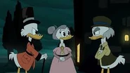 Downy O'Drake is standing between Scrooge and Fergus.