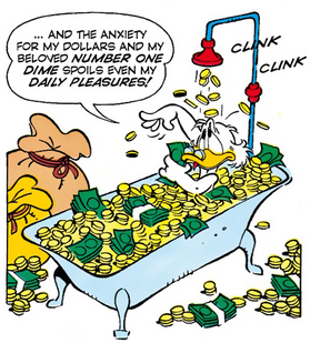 A worried Scrooge bathing in his gold in Donald Duck and the Adventure in Transylvania.