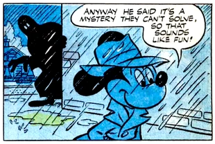 The Phantom Blot stalking Mickey Mouse in the opening of Mickey Mouse Outwits the Phantom Blot! (1949).