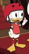Huey wearing a red helmet in "Nothing Can Stop Della Duck!" and "The Lost Cargo of Kit Cloudkicker!"