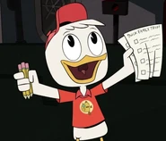 Huey in a red road trip t-shirt in "Woo-oo!"